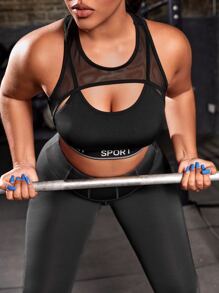 Plus Letter Tape Panel Cut Out Front Contrast Mesh Sports Bra - Black - View 3