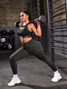 Plus Letter Tape Panel Cut Out Front Contrast Mesh Sports Bra - Black - View 5