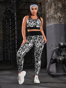 Plus Allover Print Sports Bra & Leggings - Black and White - View 3