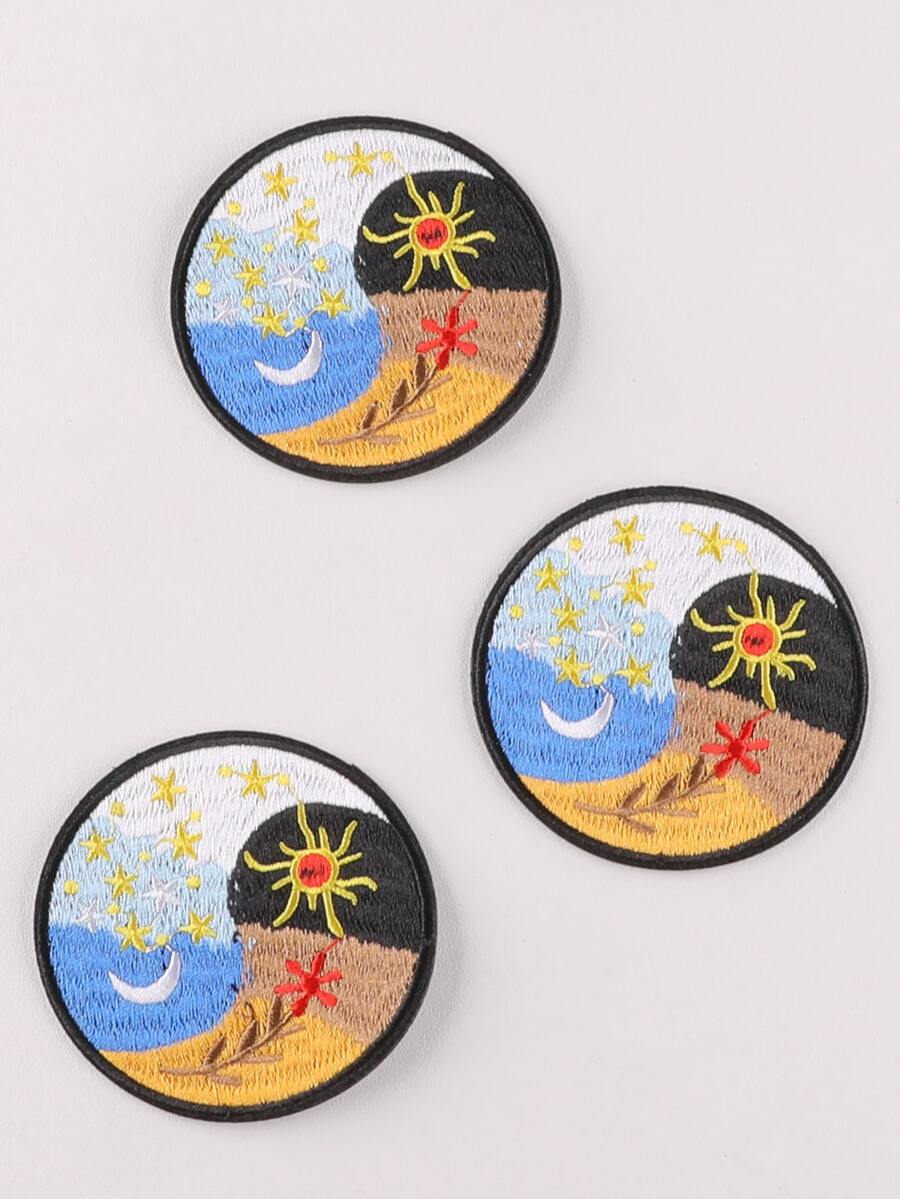 3入組/套月亮和太陽刺繡熨燙貼片有趣滌綸圓形DIYDIY服裝配飾 - 彩色 - 查看 1