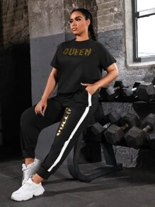 Yoga Basic Plus Letter Graphic Sports Tee & Joggers - Black - View 1