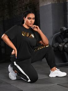 Yoga Basic Plus Letter Graphic Sports Tee & Joggers - Black - View 4