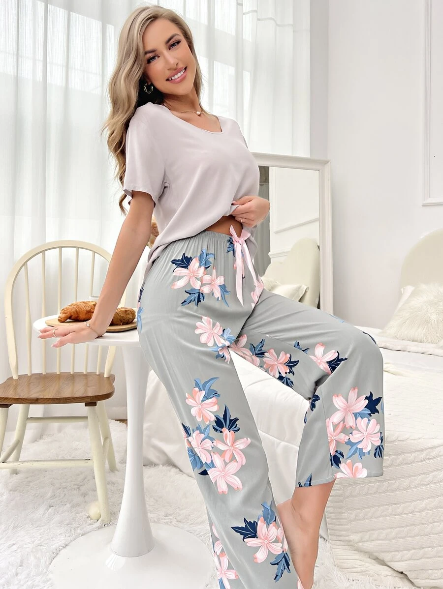 印花前蝴蝶結睡衣套裝 - 彩色 - 查看 1