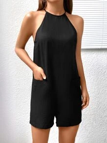 SHEIN EZwear Pocket Patched Halter Romper - Black - View 4