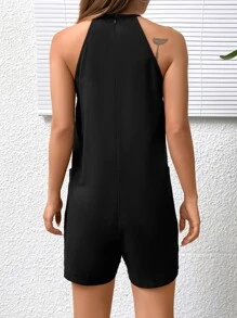SHEIN EZwear Pocket Patched Halter Romper - Black - View 2