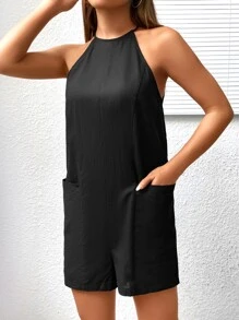 SHEIN EZwear Pocket Patched Halter Romper - Black - View 6