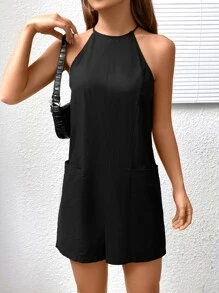 SHEIN EZwear Pocket Patched Halter Romper - Black - View 1