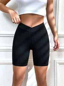 SHEIN EZwear Balletcore Overlap Waist Biker Shorts - Black - View 7