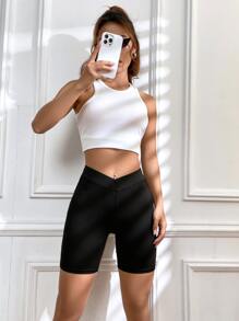 SHEIN EZwear Balletcore Overlap Waist Biker Shorts - Black - View 5