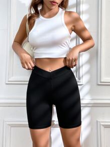 SHEIN EZwear Balletcore Overlap Waist Biker Shorts - Black - View 6