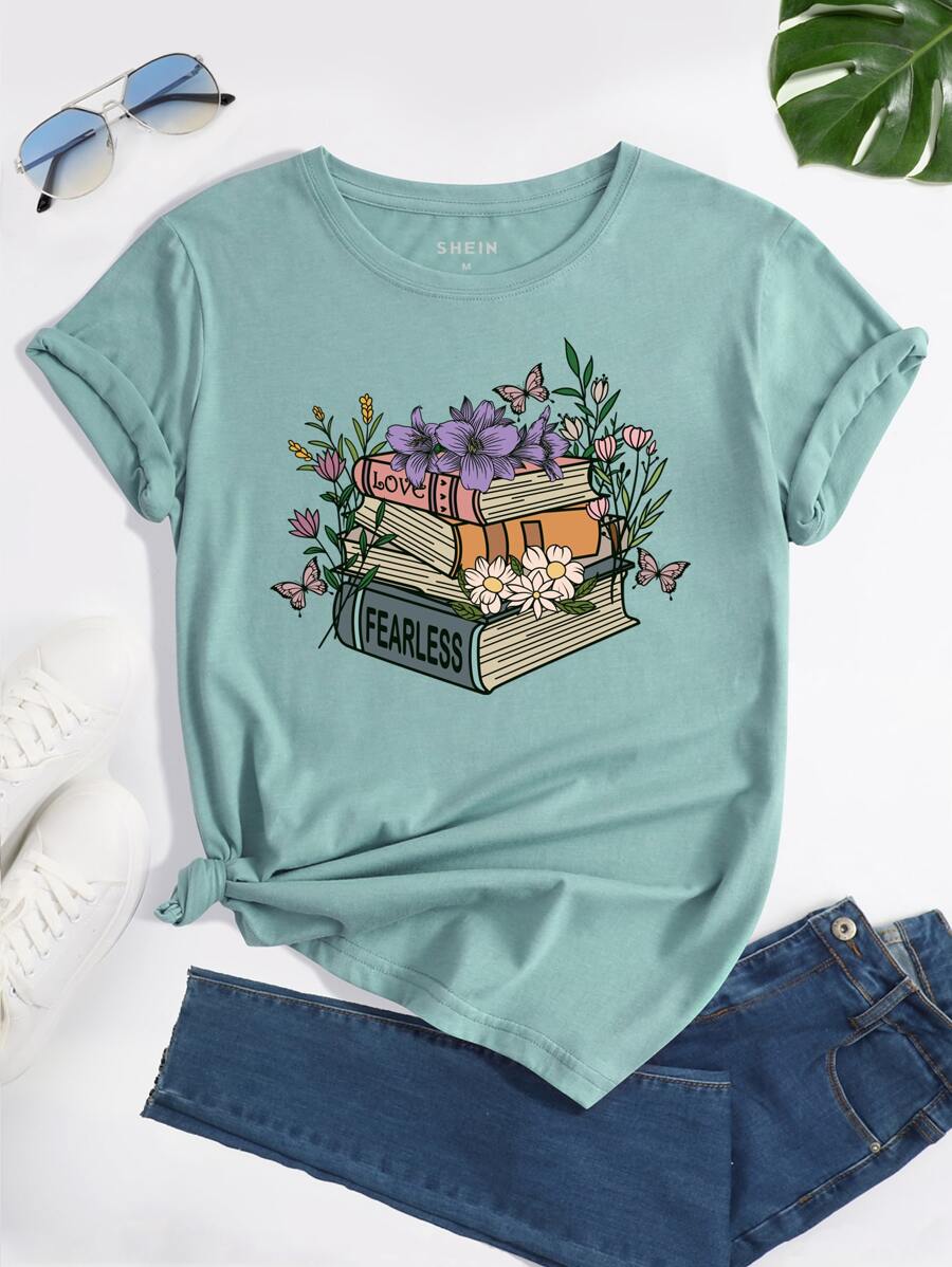 SHEIN LUNE Libro con con estampado floral Camiseta - Azul Cadete - Ver 1