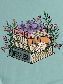 SHEIN LUNE Libro con con estampado floral Camiseta - Azul Cadete - Ver 5