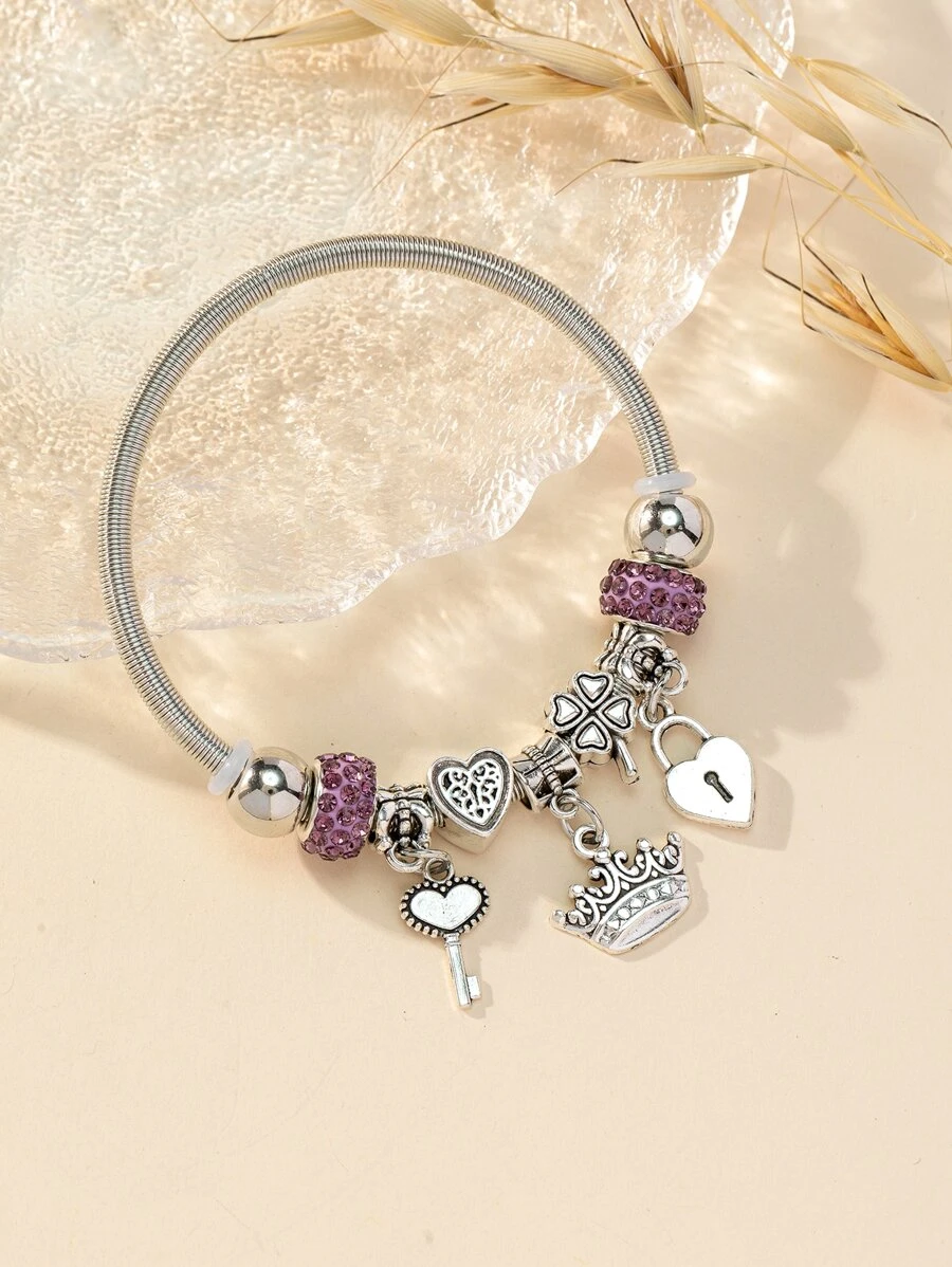 1 件水钻和心形四叶草金属珠和钥匙锁皇冠吊坠不锈钢弹簧可伸缩手链，可爱时尚珠宝，适合女性约会礼物情人节 - 彩色 - 查看 1