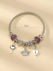 1 件水钻和心形四叶草金属珠和钥匙锁皇冠吊坠不锈钢弹簧可伸缩手链，可爱时尚珠宝，适合女性约会礼物情人节 - 彩色 - 查看 3