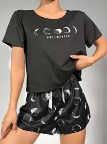 Moon & Letter Graphic Tee & Shorts PJ Set / Pajama Set - Black - View 1