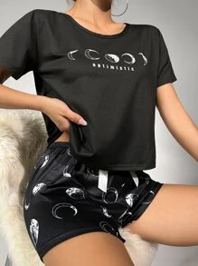 Moon & Letter Graphic Tee & Shorts PJ Set / Pajama Set - Black - View 3