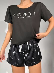Moon & Letter Graphic Tee & Shorts PJ Set / Pajama Set - Black - View 4