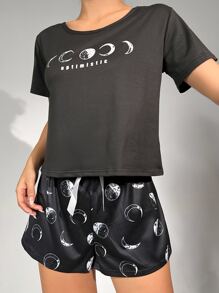 Moon & Letter Graphic Tee & Shorts PJ Set / Pajama Set - Black - View 5