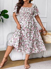 Calvaya Plus Floral Print Square Neck Ruffle Hem Dress Maxi Women Outfit - Multicolor - View 3