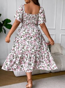 Calvaya Plus Floral Print Square Neck Ruffle Hem Dress Maxi Women Outfit - Multicolor - View 4