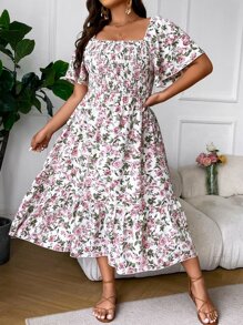 Calvaya Plus Floral Print Square Neck Ruffle Hem Dress Maxi Women Outfit - Multicolor - View 2