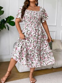 Calvaya Plus Floral Print Square Neck Ruffle Hem Dress Maxi Women Outfit - Multicolor - View 6