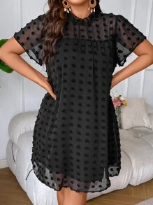 Flirla Đầm Plus Size Nút viền lá sen cắt màu trơn Giải trí - màu đen - Xem 1