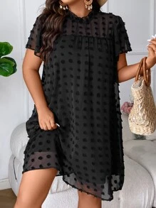 Flirla Đầm Plus Size Nút viền lá sen cắt màu trơn Giải trí - màu đen - Xem 4