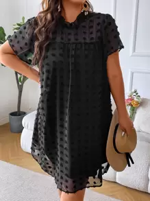 Flirla Đầm Plus Size Nút viền lá sen cắt màu trơn Giải trí - màu đen - Xem 8
