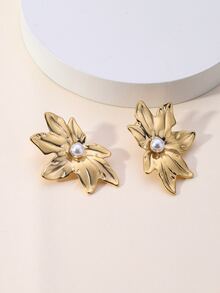 Faux Pearl Decor Flower Design Stud Earrings - Yellow Gold - View 2