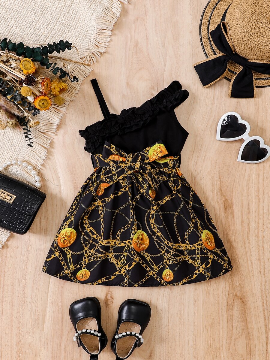 Baby Chain Print Asymmetrical Neck Ruffle Trim Dress