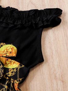 Baby Chain Print Asymmetrical Neck Ruffle Trim Dress