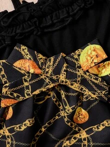 Baby Chain Print Asymmetrical Neck Ruffle Trim Dress