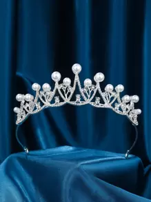 Rhinestone & Faux Pearl Crown Design Wedding Headband Royal Tiaras Valentine's Day Accessories - Silver - View 1