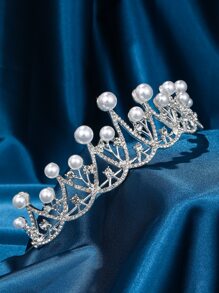 Rhinestone & Faux Pearl Crown Design Wedding Headband Royal Tiaras Valentine's Day Accessories - Silver - View 3