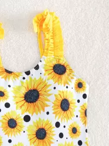 Tween Girl Floral Print Frill Trim One Piece Swimsuit - Multicolor - View 3