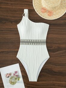 環鏈單肩連體泳衣 - 白色 - 查看 7