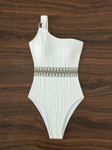 環鏈單肩連體泳衣 - 白色 - 查看 5