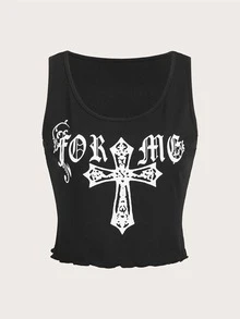 ROMWE Goth 字母圖案木耳邊背心上衣 - 黑色 - 查看 3