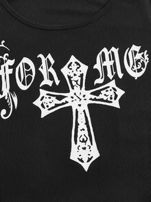 ROMWE Goth 字母圖案木耳邊背心上衣 - 黑色 - 查看 4