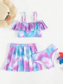 青少年女孩扎染荷叶边比基尼套装与沙滩裙配套套装夏季海滩