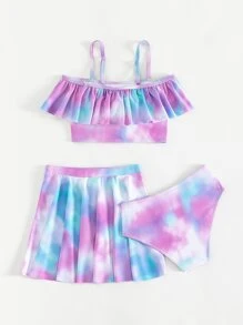 青少年女孩扎染荷叶边比基尼套装与沙滩裙配套套装夏季海滩