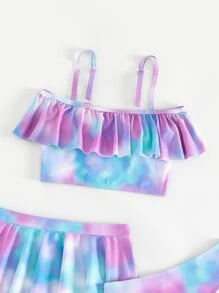 青少年女孩扎染荷叶边比基尼套装与沙滩裙配套套装夏季海滩