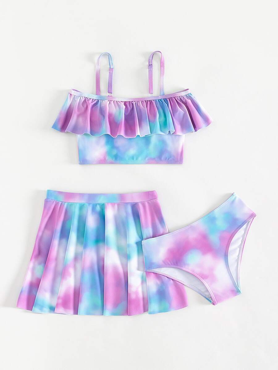 青少年女孩扎染荷叶边比基尼套装与沙滩裙配套套装夏季海滩
