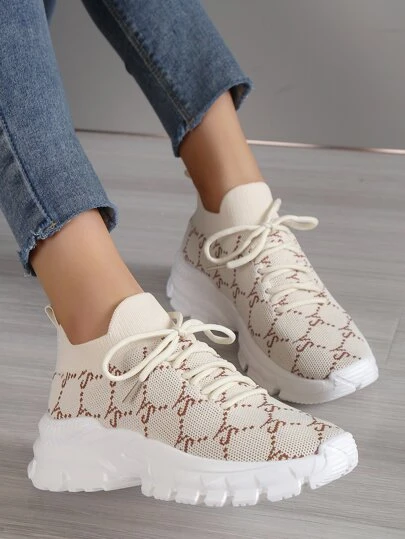 運動淺褐色的老爹鞋適合女士,滿版圖案針織細節前綁帶跑步鞋