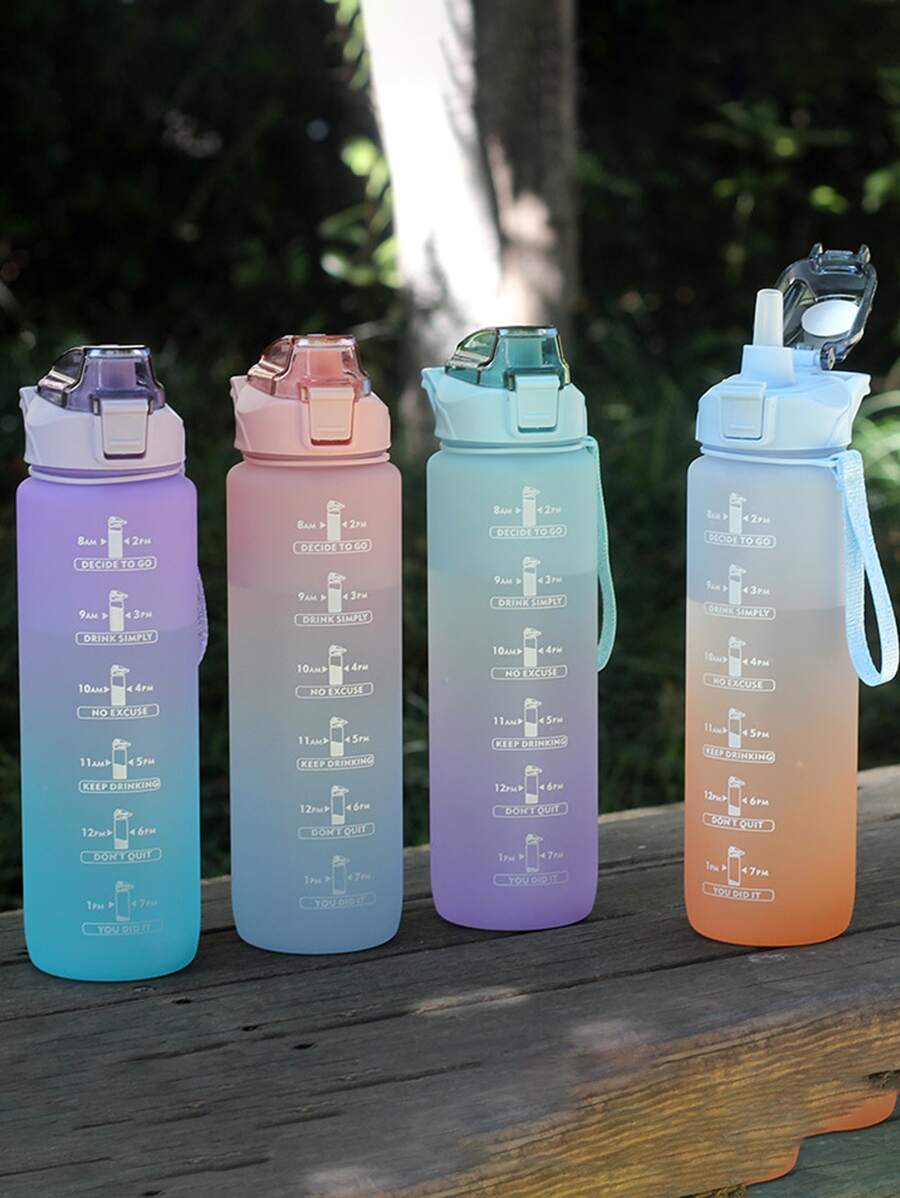 1 st 1000ml/33.82oz frostad gradientvattenflaska med våg för att påminna dig om att dricka vatten, träna Fitness Bärbar vattenflaska, Tillbaka till skolan - Rosa - Visa 1
