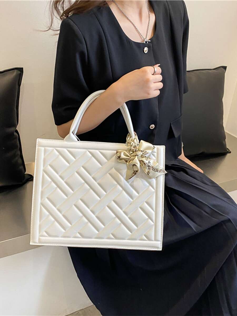 Túi xách nữ thời trang mới mùa hè 2024 kèm khăn quàng cổ, túi đeo vai vuông nhỏ kẻ caro thời trang, túi đeo chéo - trắng - Xem 1