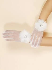 水鑽和花朵裝飾新娘手套 - 白色 - 查看 2