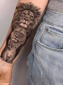 1pc Black Realistic Style Temporary Tattoo Sticker Of Lion Family Animal Pattern For Wrist, Collarbone, Chest, Lower Leg - Black - View 1