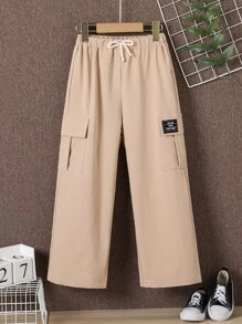 Boys Letter Patched Detail Drawstring Waist Cargo Trousers - Apricot - View 1